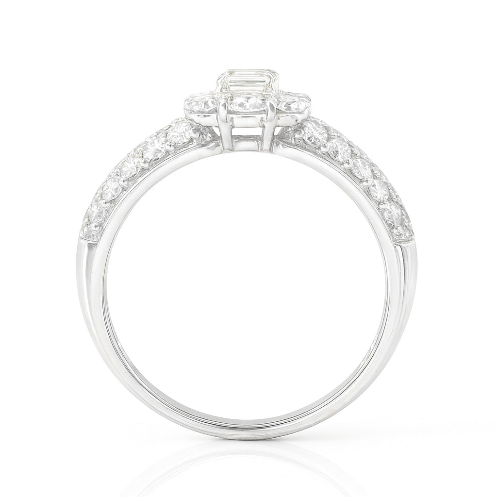 PT900 花柄 イエローダイヤモンドリング 1ct エメラルドカット