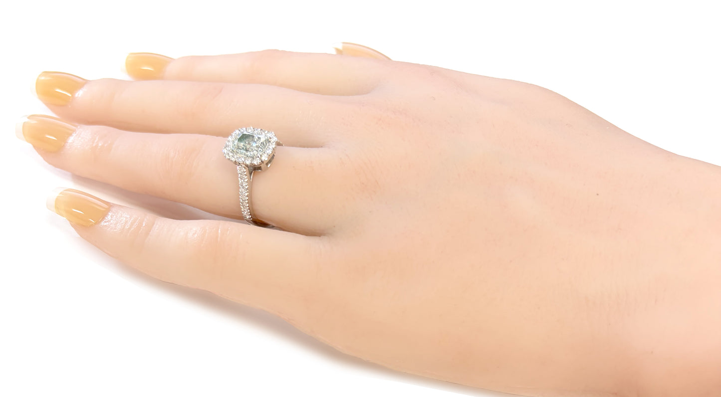 PT900 グリーンダイヤモンドリング 2.424ct Very Light Greenish Yellow SI2 クッション