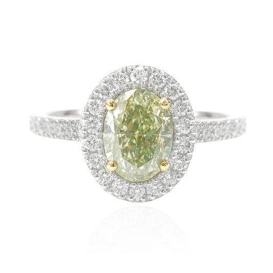 PT900 Oval Fancy Green Yellow Diamond Ring - 1.41ct