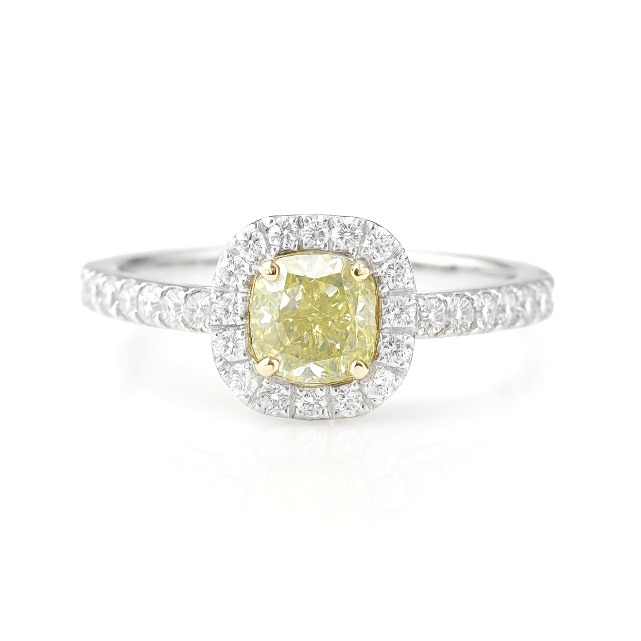 18KWG Cushion Fancy Green Yellow Diamond Ring - 0.97ct