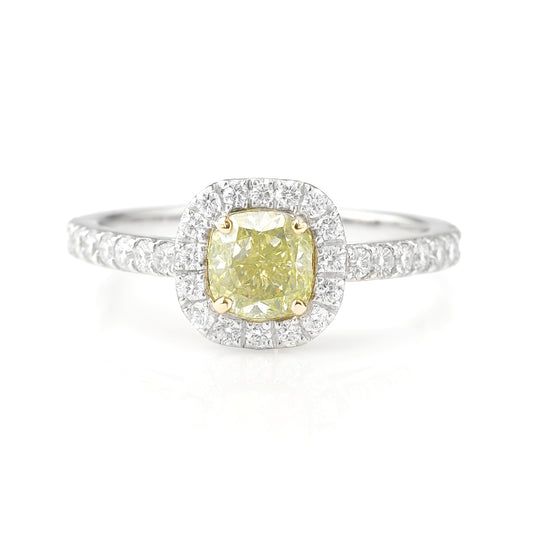 18KWG Cushion Fancy Green Yellow Diamond Ring - 0.97ct