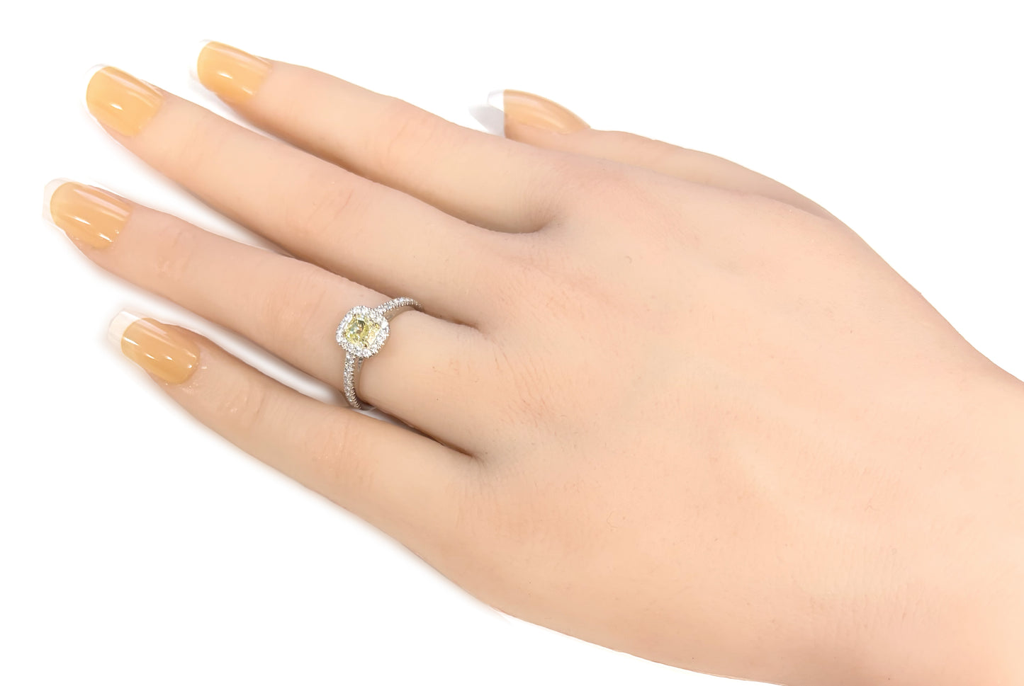 18KWG Cushion Fancy Green Yellow Diamond Ring - 0.97ct